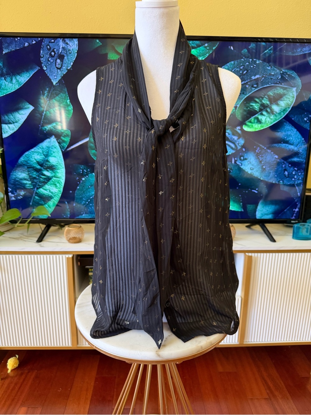 a new day Black Sleeveless Tie-Neck Blouse with Gold Star Motif